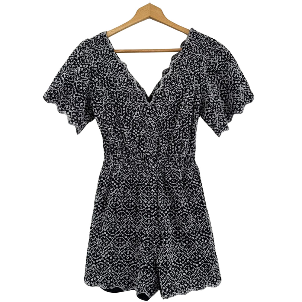 Express Formal Romper Overalls Black White Geometric Lined V Neck Women's Size S